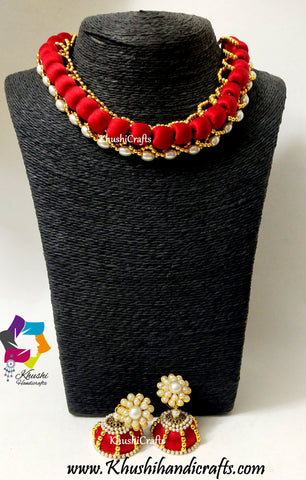 Designer Bridal Red Silk Thread Pearl Jewelry Necklace set!