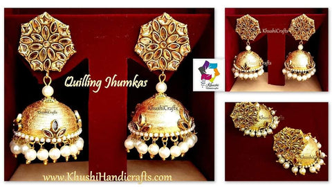 Gold Quilling Jhumkas, Beautiful Paper kundan Earrings