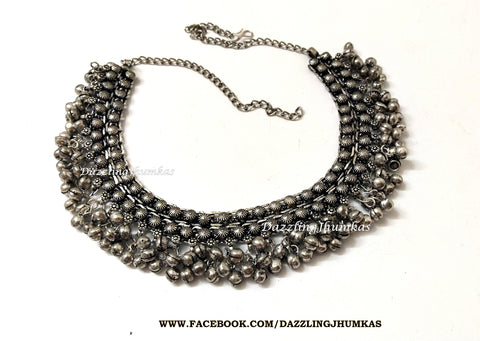 German silver Oxidised Neklace choker with Gungaroo /ghungroo /dangler beads Pattern 3