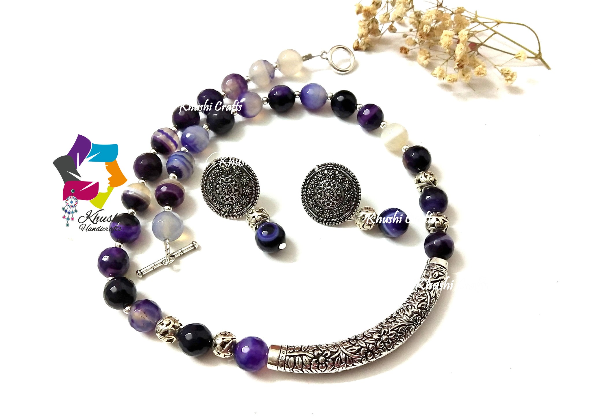 Jilly: Long Purple Beaded Necklace – Earth and Moon Design