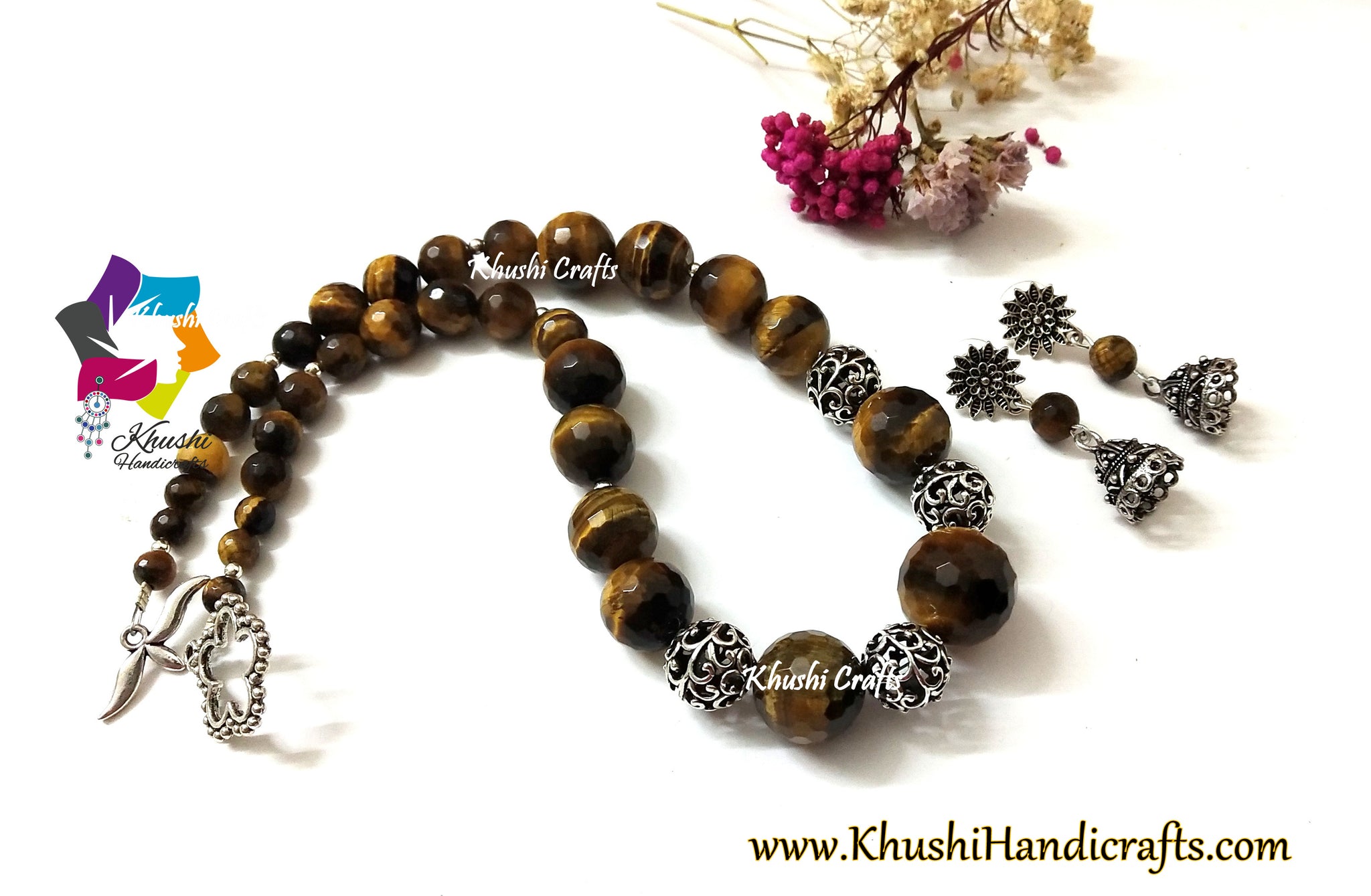 Tiger eye gemstone handmade triple layered necklace at ₹4950 | Azilaa