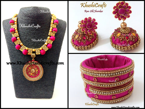 Pink Raw silk  Necklace set with Bangles with Hand embroidery(Zardosi & Aari /Maggam work)!