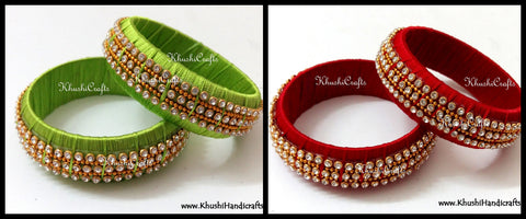 Party Wear Kada Style Designer Silk Bangles in Red /Green.Sold as a pair!