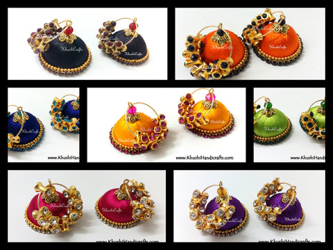 Silk thread Hooped Jhumkas with grand drum shaped stones