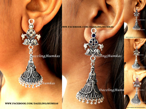 Peacock inspired Oxidised Lady Jhumka earrings for girls and Women!