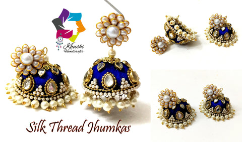 Royal Blue Designer Bridal Silk thread Jhumkas with Ghungroo and Kundan work!