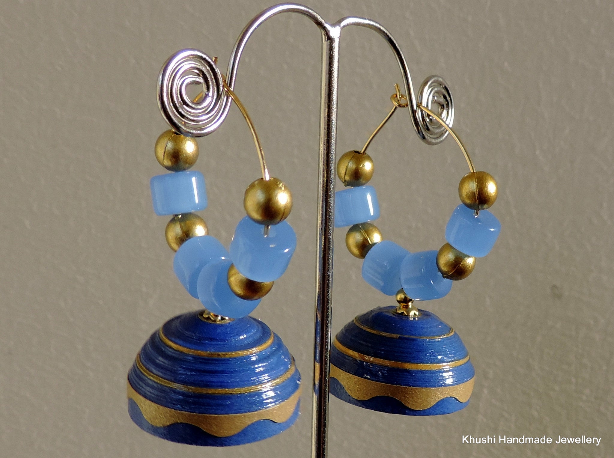 Blue and gold quilled jhumka - Khushi Handmade Jewellery