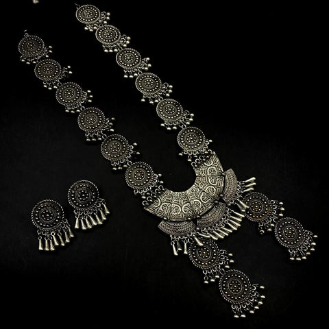 Silver look alike Oxidised German Silver Long haaram Necklace with Earrings!