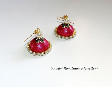 Magenta pearl edged quilled jhumkas